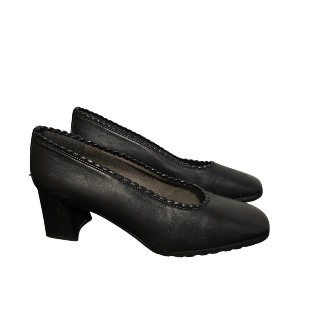Stuart Weitzman Black Leather Mid Block Heel Pumps